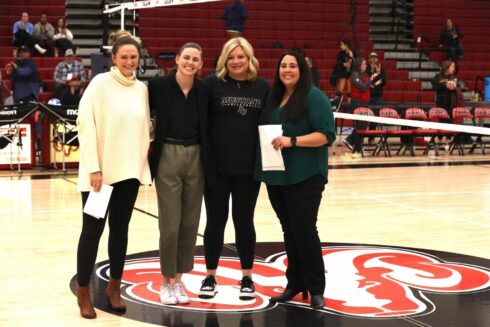The final four of the CCCAA state volleyball tournament featured four female head coaches for the first time: Katie Goldhahn (CSM), left, Carson Lowden (American River), Molly Hummel (Delta) and Sarah Ritchie (Feather River), right. Photo courtesy of Katie Goldhahn.
