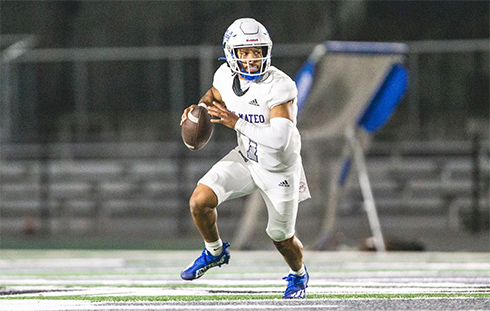CSM redshirt freshman Anthony Grigsby had two Division I offers out of high school, but opted to play the waiting game when COVID hit. Now, the quarterback is the fourth leading JUCO passer in the state. Photo by Patrick Nguyen.